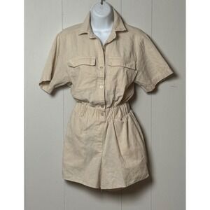 Hunter & Brown Linen Blend Utility Romper Beige Short Sleeve Button Up Sz XS